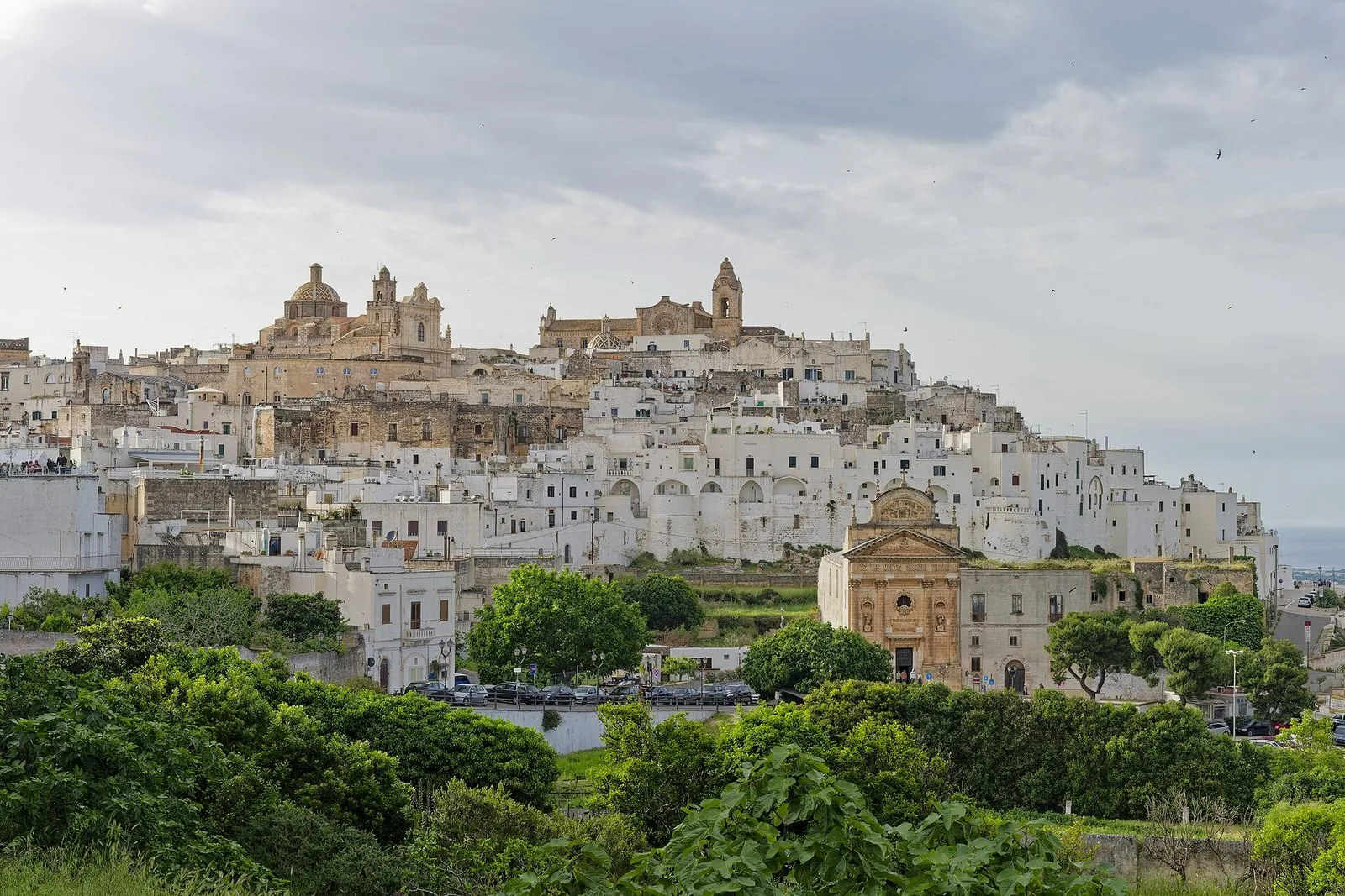 Panorama del centro storico di Ostuni con le case imbiancate a calce arroccate sulla collina
